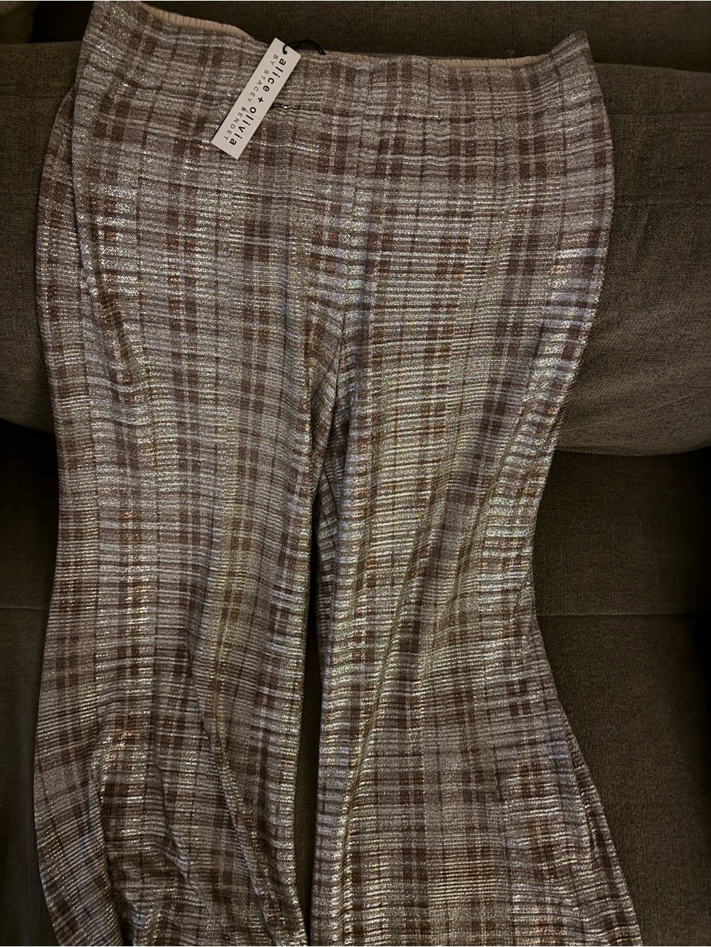 Alice + Olivia Brown Metallic Plaid Boot-Cut Pants